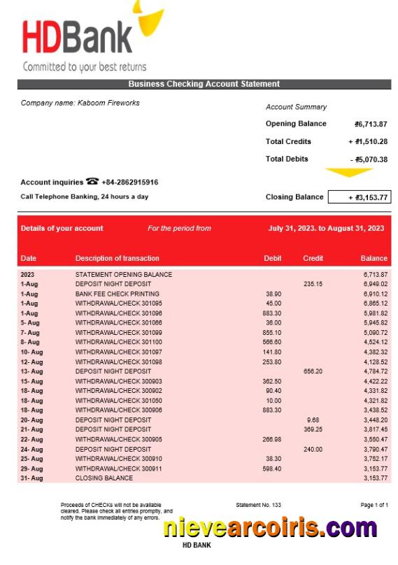 HD Bank company account statement